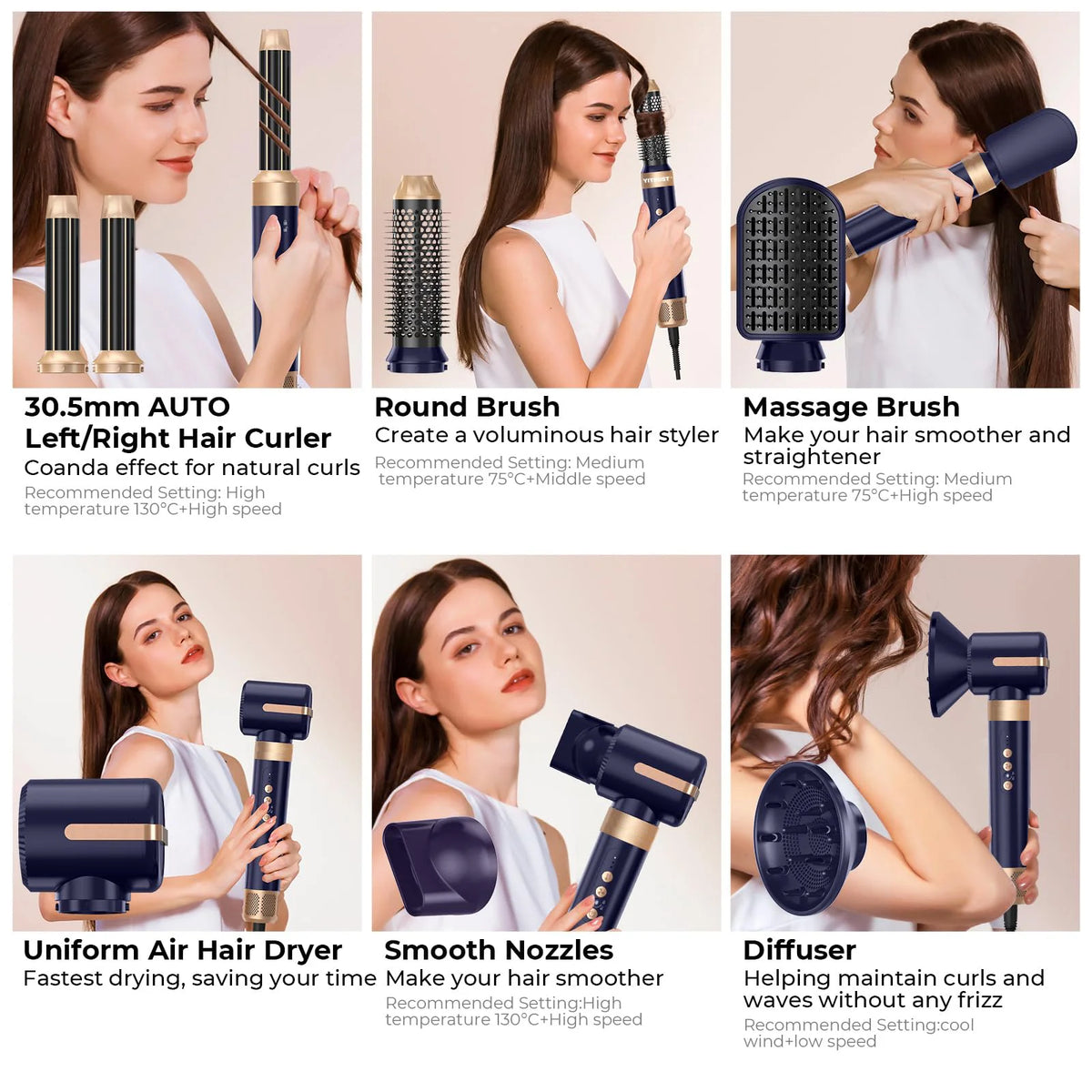 Brosse Soufflante 7 en 1 UKLISS – Sèche-cheveux Moteur Brushless Haute Vitesse, Ionique, Diffuseur & Bigoudi Automatique