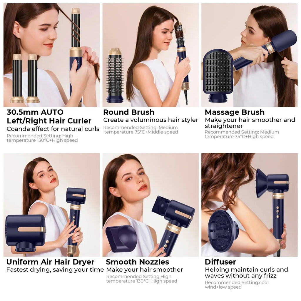 Brosse Soufflante 7 en 1 UKLISS – Sèche-cheveux Moteur Brushless Haute Vitesse, Ionique, Diffuseur & Bigoudi Automatique